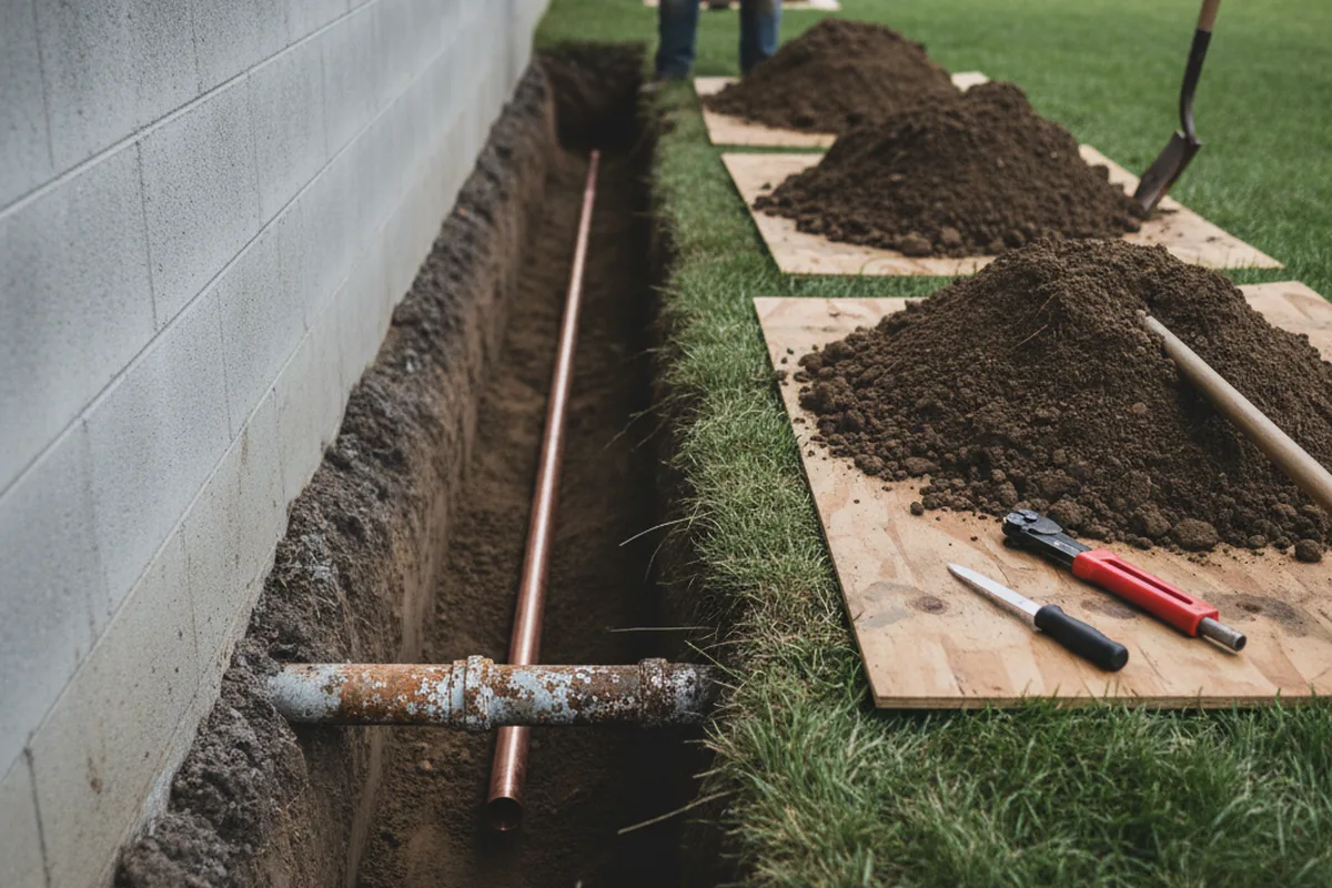 Excavated water line trench during Water Softener Installation in Blue Ridge